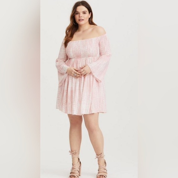 torrid | Dresses | Torrid Pink And White Mini Challis Offshoulder ...